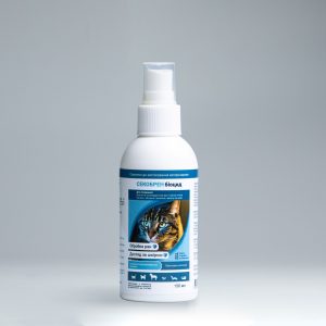A 150ml spray bottle of Biocide SECOBREN, a fast-acting wound and skin care antiseptic for pets, with a close-up image of a cat on the label.